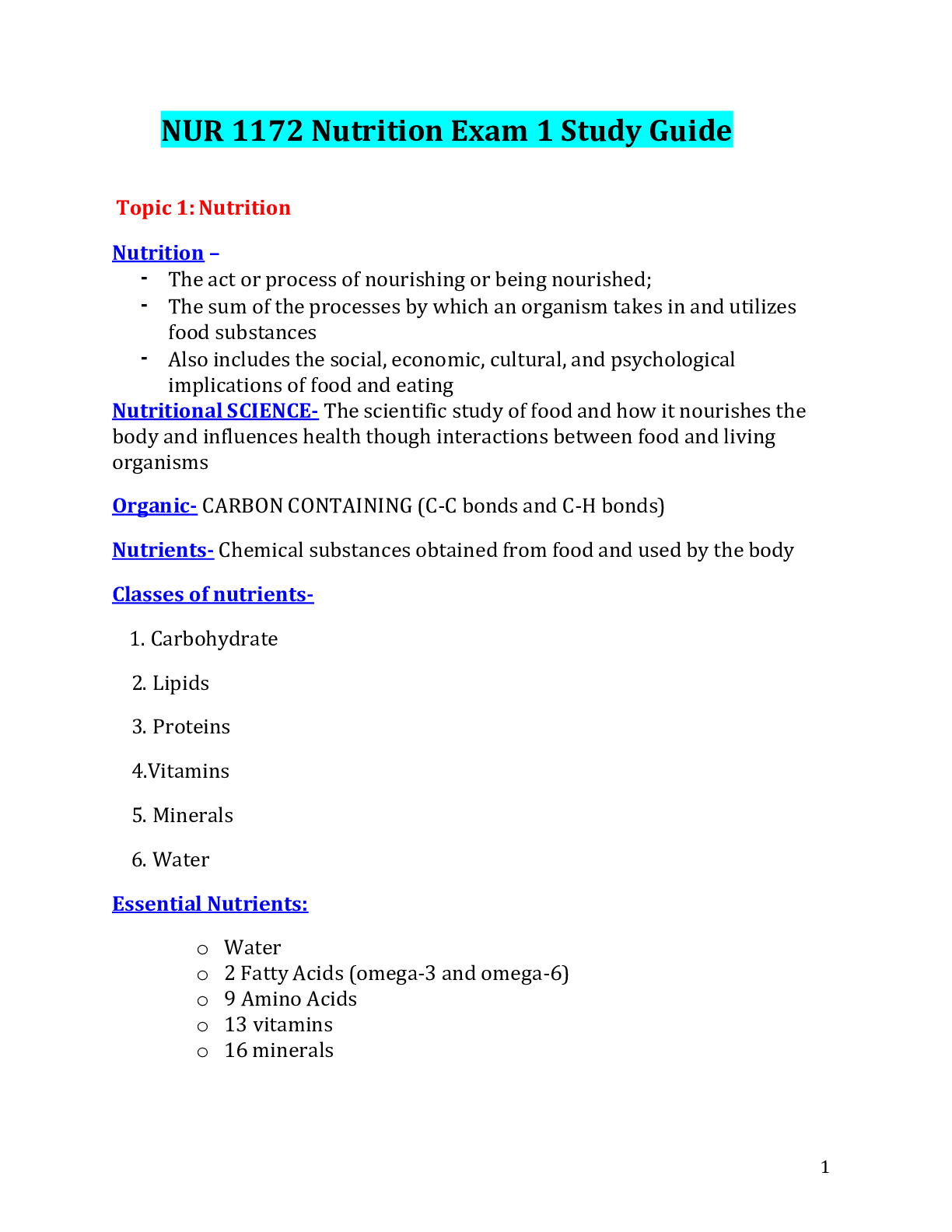 Preview image for NUR 1172 / NUR 1172 Nutrition Exam 1 Study Guide. (Latest 2021/2022, Rasmussen College)